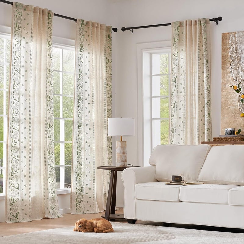 jinchan Winslow Linen Curtains for Bedroom 84 Inches Length Embroidered Bordered Floral Curtains for Living Room Farmhouse Decor Light Filtering Window Treatments Sage on Beige Drapes 2 Panels - Image 2